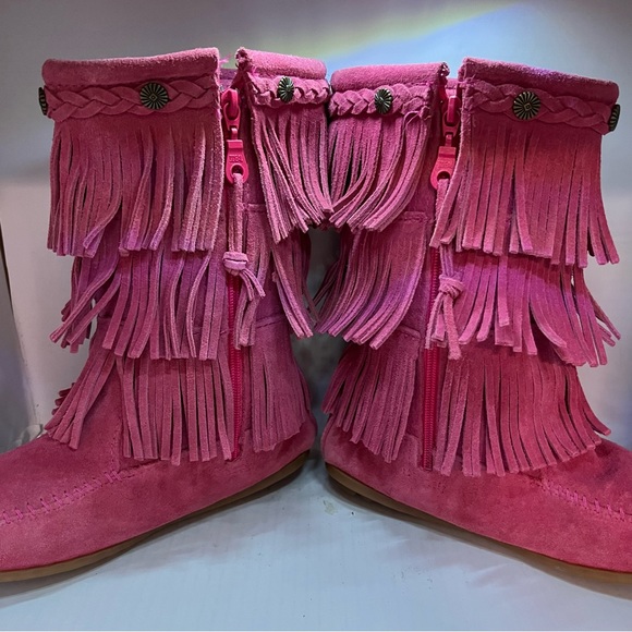MINNETONKA Moccasin 3 Layer PINK Fringe Suede Boots Shoes Zip Girls 4 •MUST SEE• - Picture 4 of 12